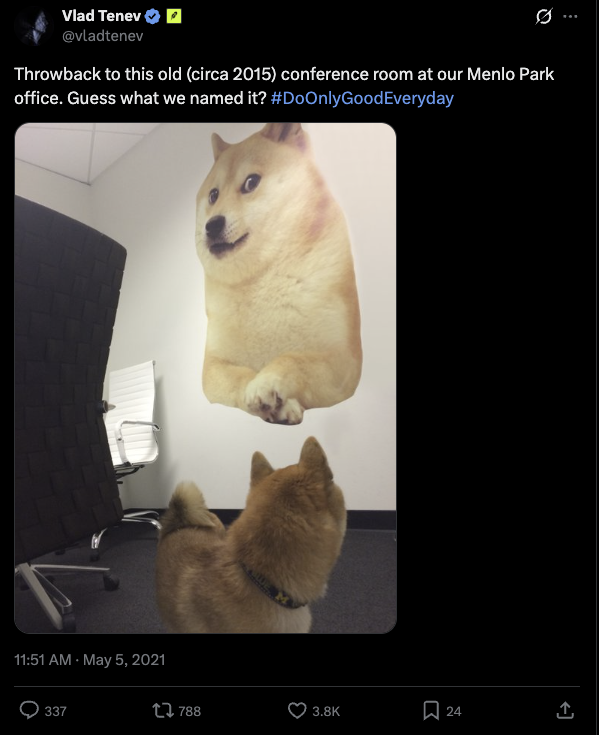 Vlad Tenev post showing a dog in the office looking at a floating dog image